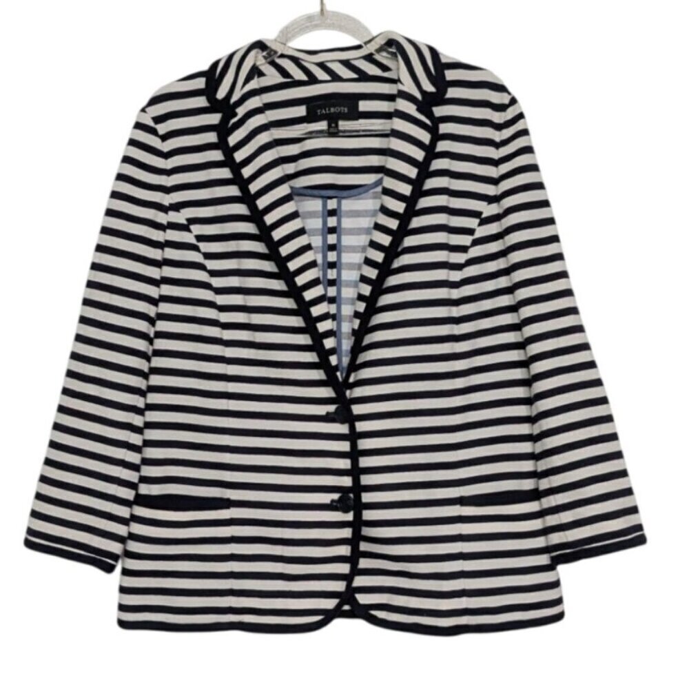 Talbots Stripe Sweater Blazer Womens Size Medium Blue Nautical Knit Long Sleeve